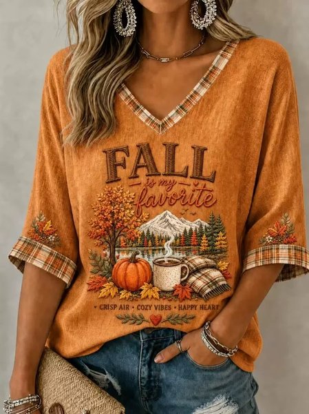 Vintage Text Letters V Neck Half Sleeve T-shirt