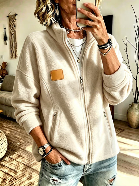 Women Spring/Fall Outerwear Vintage Plain Long Sleeve Mock Neck Jacket