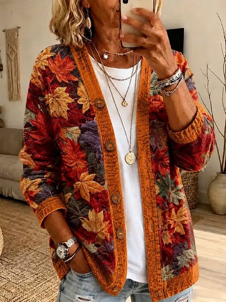 Women Spring/Fall Outerwear Casual Printing Maple Leaf Long Sleeve Jacket