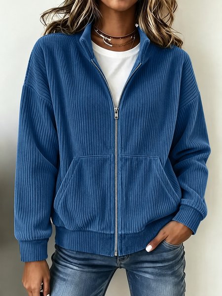 Women Spring/Fall Outerwear Vintage Plain Long Sleeve Mock Neck Jacket