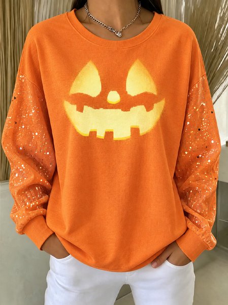 Casual Pumpkin Pattern Crew Neck Long Sleeve Sweatshirt