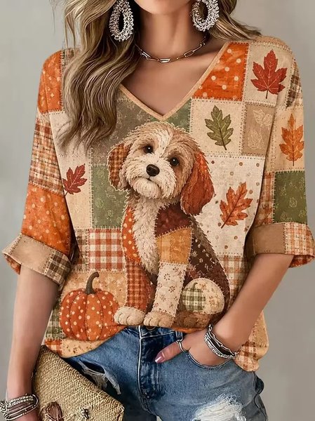 Vintage Dog V Neck Half Sleeve T-shirt