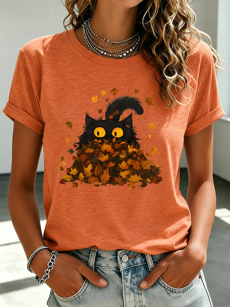 Casual Cat Crew Neck Short Sleeve T-shirt