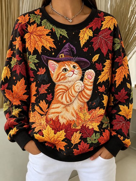 Casual Cat Crew Neck Long Sleeve Sweatshirt