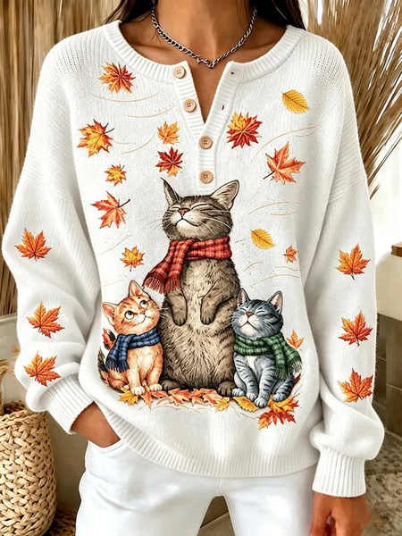 Casual Cat Crew Neck Long Sleeve Sweatshirt