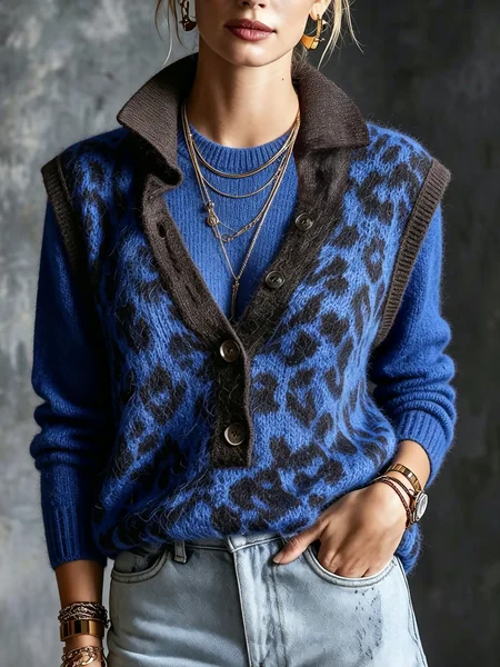 Medium Elasticity Casual Leopard Shirt Collar Sweater 1 Medium Elasticity Casual Leopard Shirt Collar Sweater