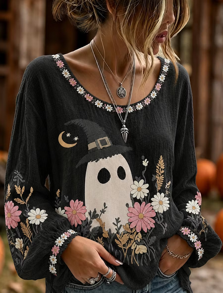 Women Floral Vintage Blouse Crew Neck Long Sleeve Printing Top