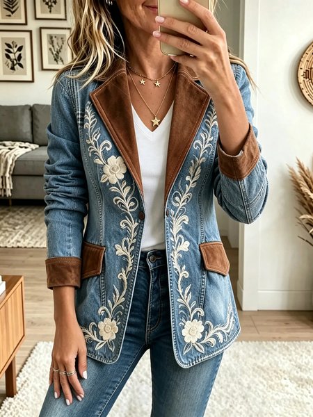 Women Spring/Fall Outerwear Vintage Geometric Long Sleeve Lapel Collar Jacket