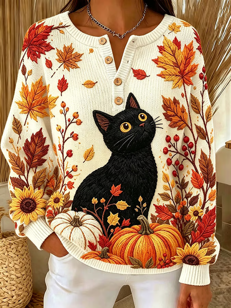 Casual Cat Crew Neck Long Sleeve Sweatshirt