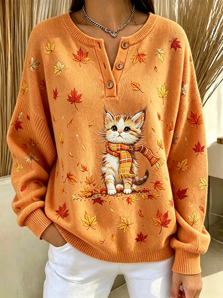 Casual Cat Crew Neck Long Sleeve Sweatshirt