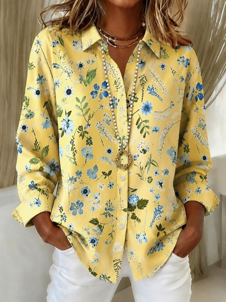 Women Floral Casual Shirt Shirt Collar Long Sleeve Buckle Top