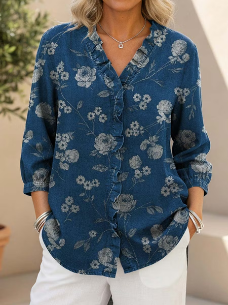 Women Floral Vintage Shirt Shirt Collar Long Sleeve Printing Top