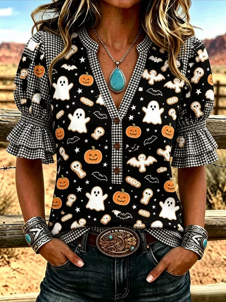 Women Halloween V Neck Half Sleeve Shirt Printing Vintage Daily Summer Top