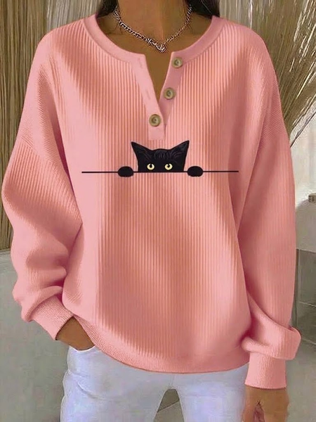 Casual Cat Crew Neck Long Sleeve Sweatshirt