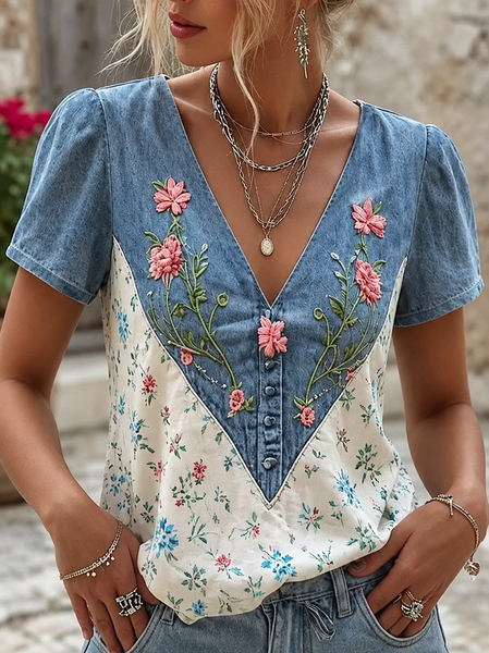 Women Floral Short Sleeve Tee T-shirt V Neck Printing Vintage Summer Top