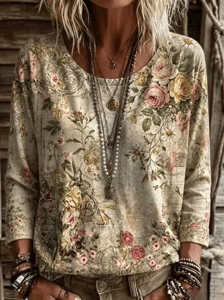 Casual Floral Crew Neck Long Sleeve T-shirt