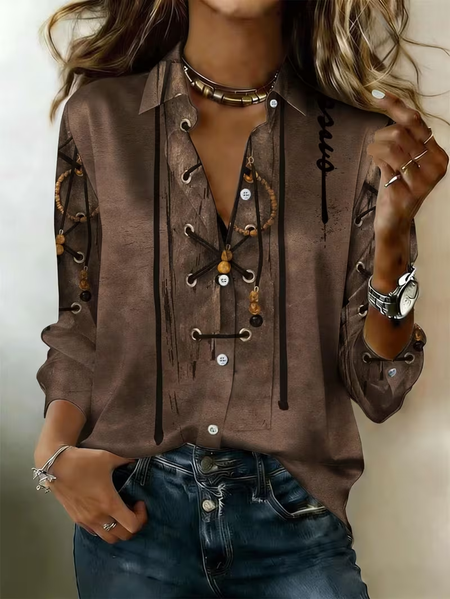 Women Abstract Casual Shirt Shirt Collar Long Sleeve Buckle Top