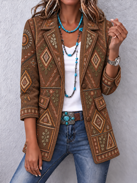 Women Spring/Fall Outerwear Vintage Geometric Long Sleeve Lapel Collar Jacket
