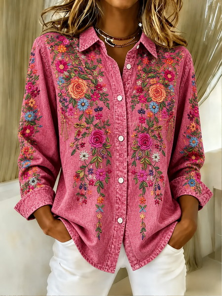Women Floral Vintage Shirt Shirt Collar Long Sleeve Printing Top