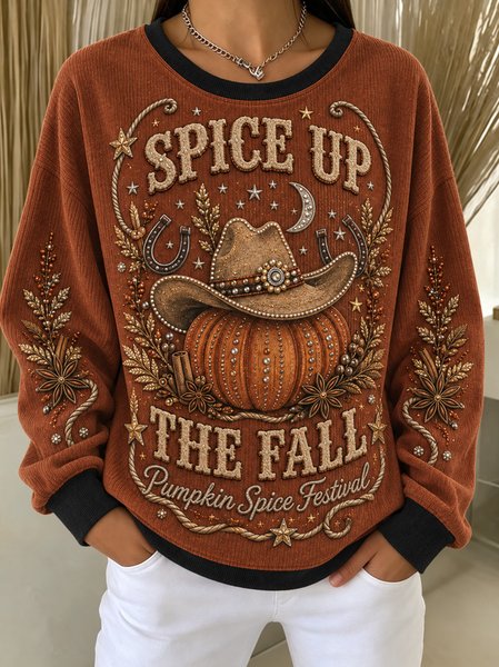 Casual Pumpkin Pattern Crew Neck Long Sleeve Sweatshirt