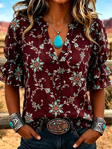 Women Floral Vintage Shirt V Neck Half Sleeve Printing Top