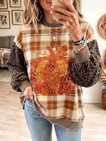Casual Leopard Crew Neck Long Sleeve Sweatshirt