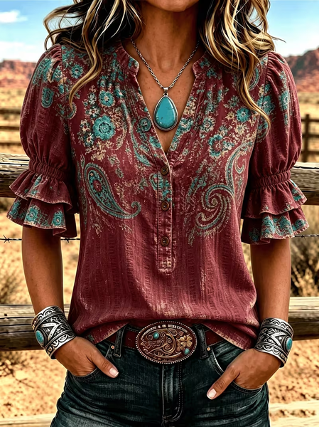 Women Floral Vintage Shirt V Neck Half Sleeve Printing Top