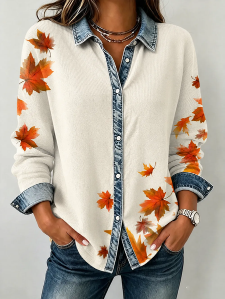 Women Maple Leaf Casual Shirt Shirt Collar Long Sleeve Buckle Top
