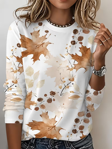 Casual Maple Leaf Crew Neck Long Sleeve T-shirt