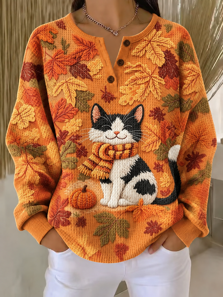 Casual Cat Henley Collar Long Sleeve Sweatshirt