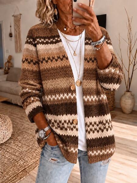 Women Geometric Printing Long Sleeve Casual Spring/Fall Jacket Outerwear