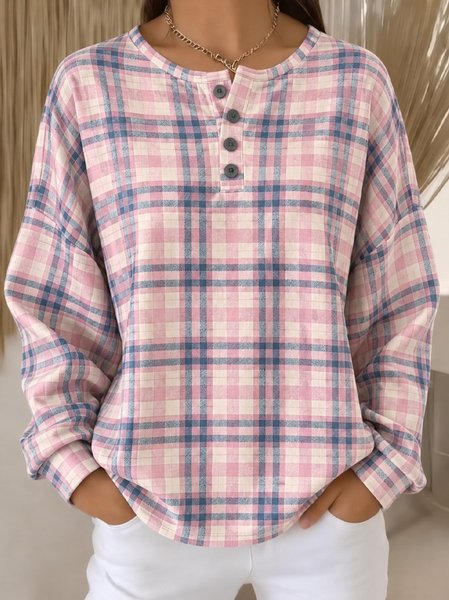 Casual Plaid Henley Collar Long Sleeve Sweatshirt