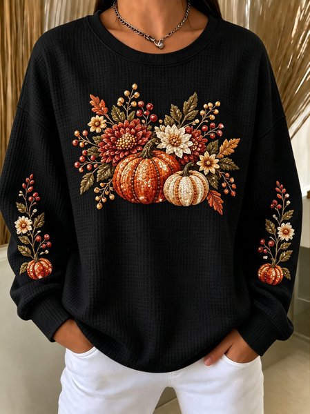 Casual Pumpkin Pattern Crew Neck Long Sleeve Sweatshirt