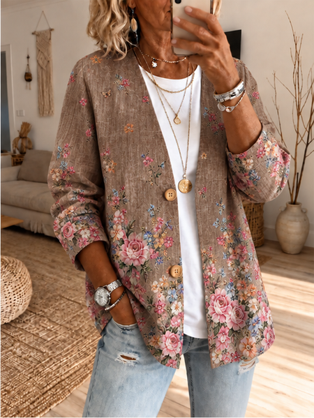 Women Spring/Fall Outerwear Casual Printing Floral Long Sleeve Jacket
