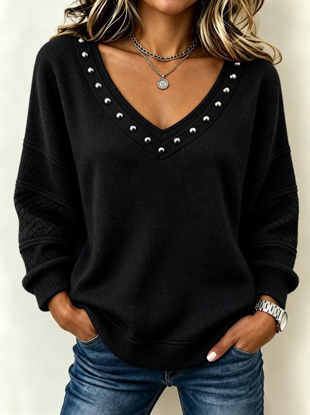 Casual Geometric V Neck Long Sleeve T-shirt