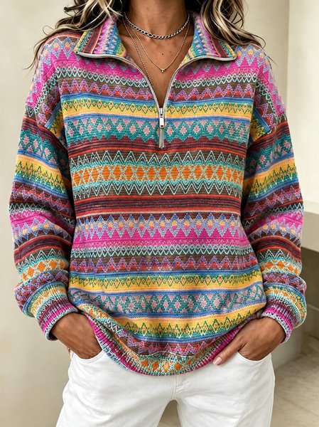 Women Striped Half Open Collar Casual Spring/Fall Long Sleeve Sweatshirt