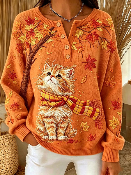 Women Cat Crew Neck Printing Casual Spring/Fall Long Sleeve Sweatshirt