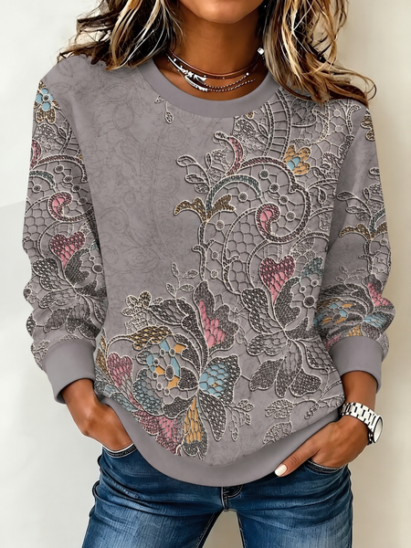Casual Floral Crew Neck Long Sleeve Sweatshirt