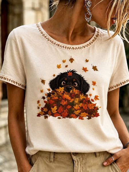 Casual Cat Crew Neck Short Sleeve T-shirt