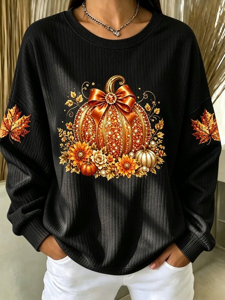 Casual Pumpkin Pattern Crew Neck Long Sleeve Sweatshirt