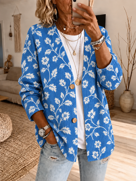 Women Floral Printing Long Sleeve Casual Spring/Fall Jacket Outerwear
