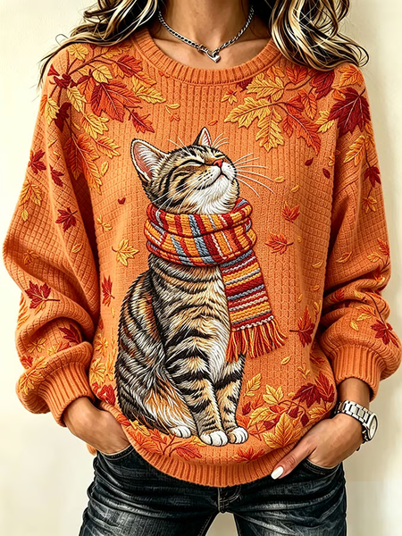 Women Cat Crew Neck Printing Casual Spring/Fall Long Sleeve Sweatshirt
