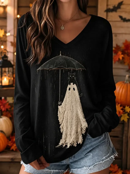 Casual Cat V Neck Long Sleeve T-shirt