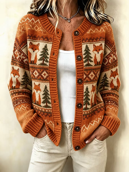 Women Geometric Printing Long Sleeve Crew Neck Vintage Spring/Fall Jacket Outerwear