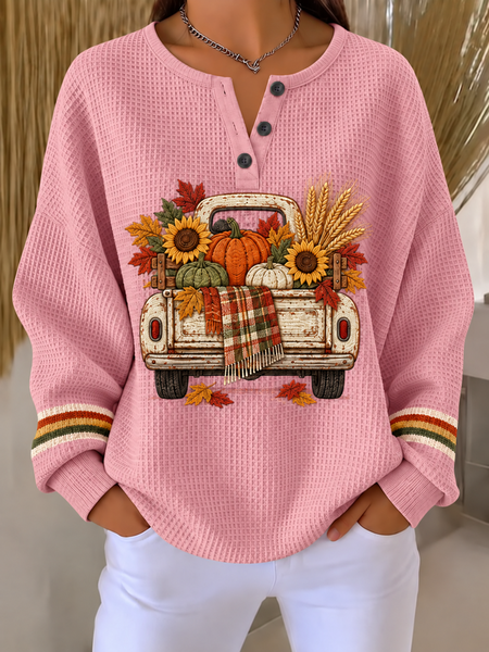 Women Sunflower Henley Collar Casual Spring/Fall Long Sleeve Sweatshirt