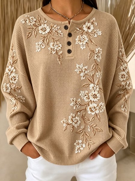 Women Floral Henley Collar Casual Spring/Fall Long Sleeve Sweatshirt 1 Women Floral Henley Collar Casual Spring/Fall Long Sleeve Sweatshirt