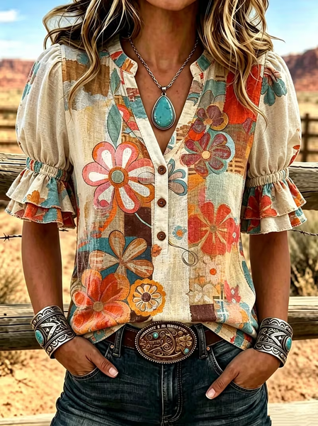 Women Floral Vintage Shirt V Neck Half Sleeve Printing Top