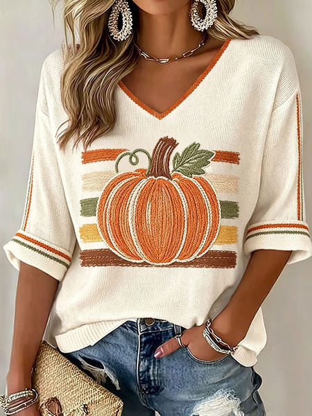 Vintage Geometric V Neck Half Sleeve T-shirt
