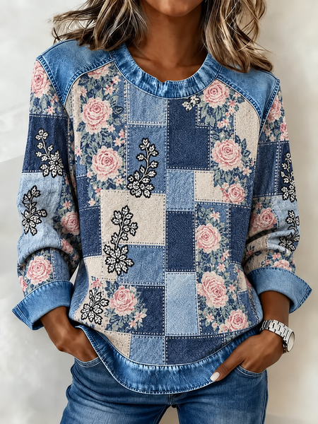 Casual Floral Crew Neck Long Sleeve Sweatshirt