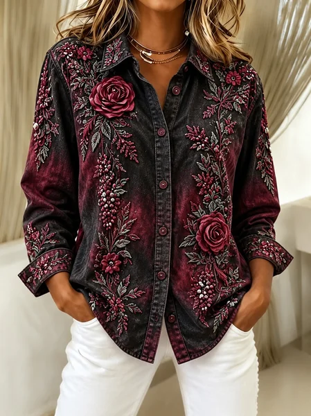 Women Floral Shawl Collar Long Sleeve Shirt Vintage Daily Spring/Fall Top